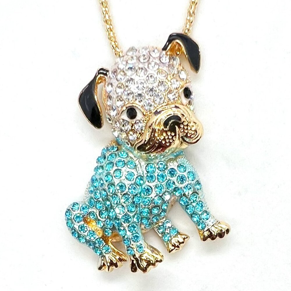 Blue Sitting BULLDOG Puppy Dog Pendant Necklace